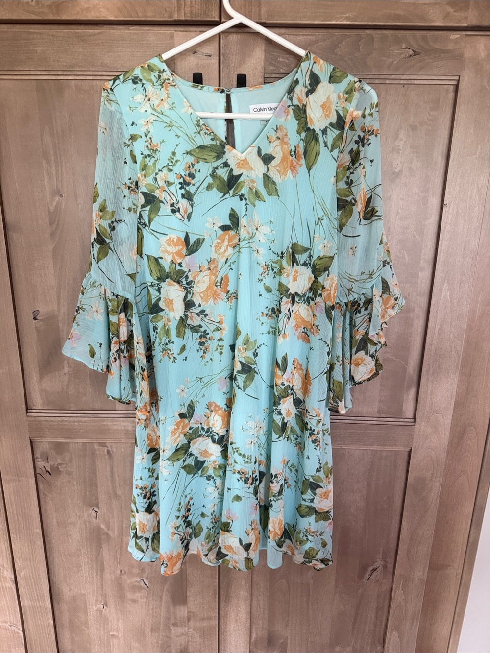 Calvin Klein Aqua Floral V-Neck Ruffle Sleeve Dress